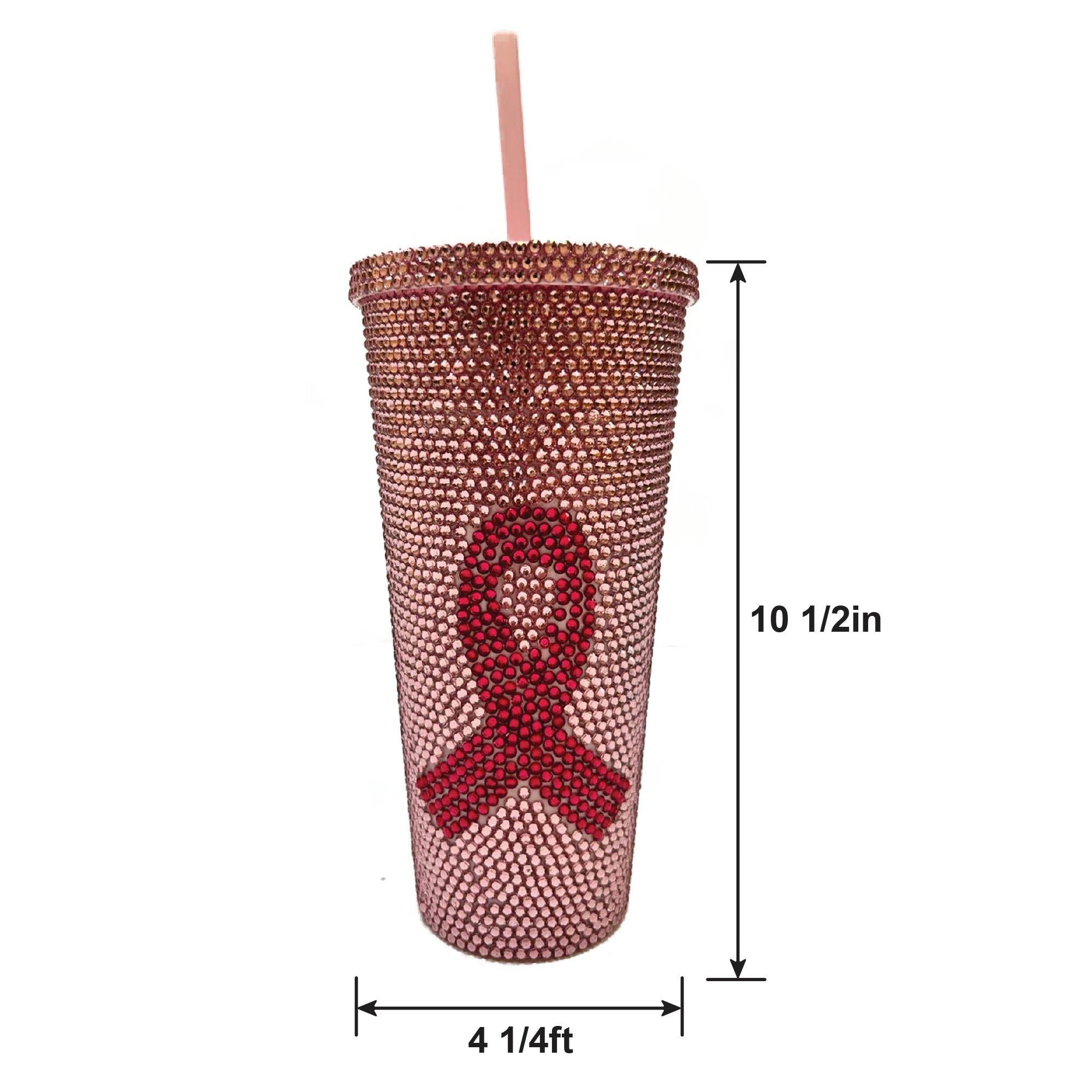 Rhinestone Breast Cancer Awareness Pink Ribbon Plastic Cup with Straw. 24oz - Image 2