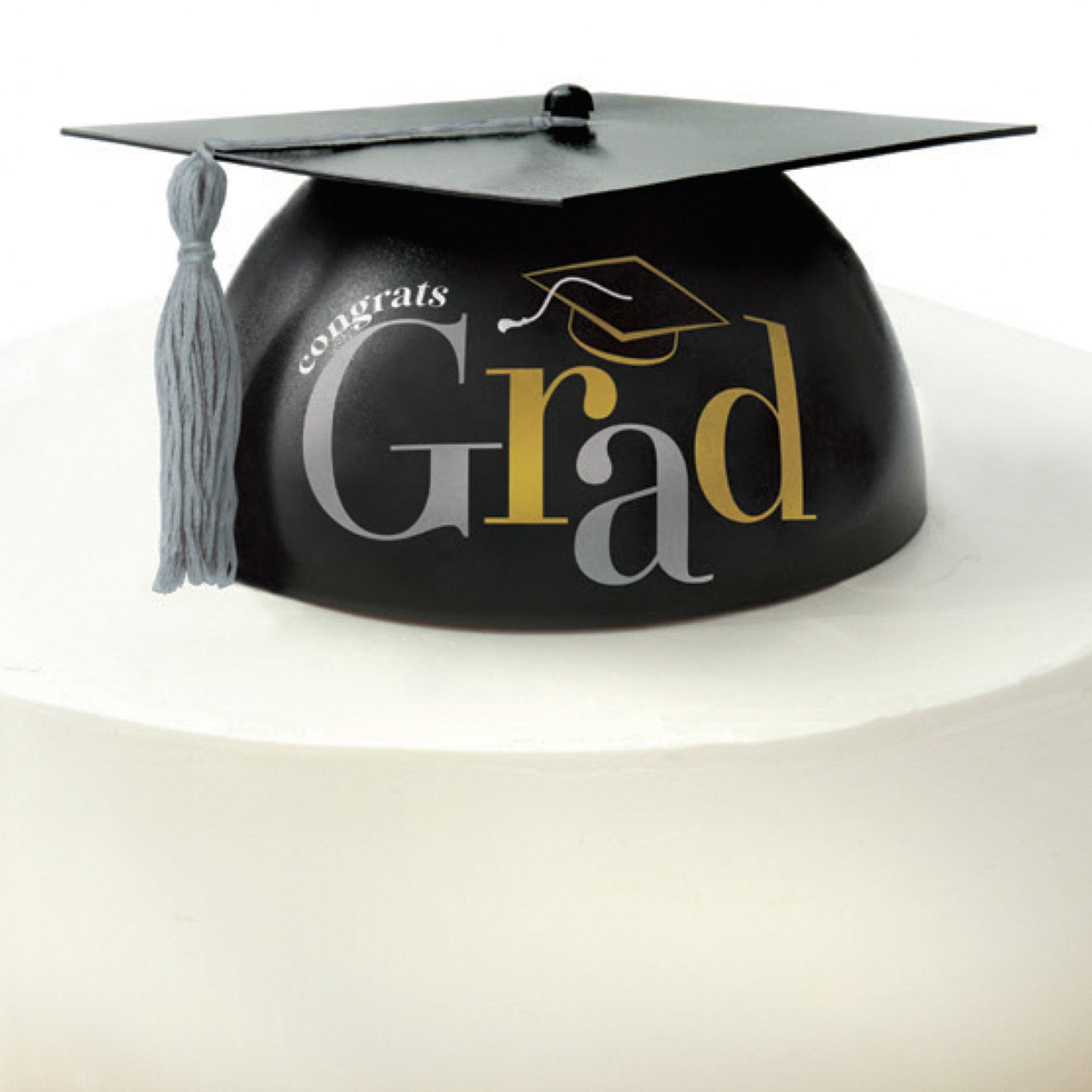 Black. Silver & Gold Grad Cap Cake Topper. 7.43in x 3.37in - Image 2