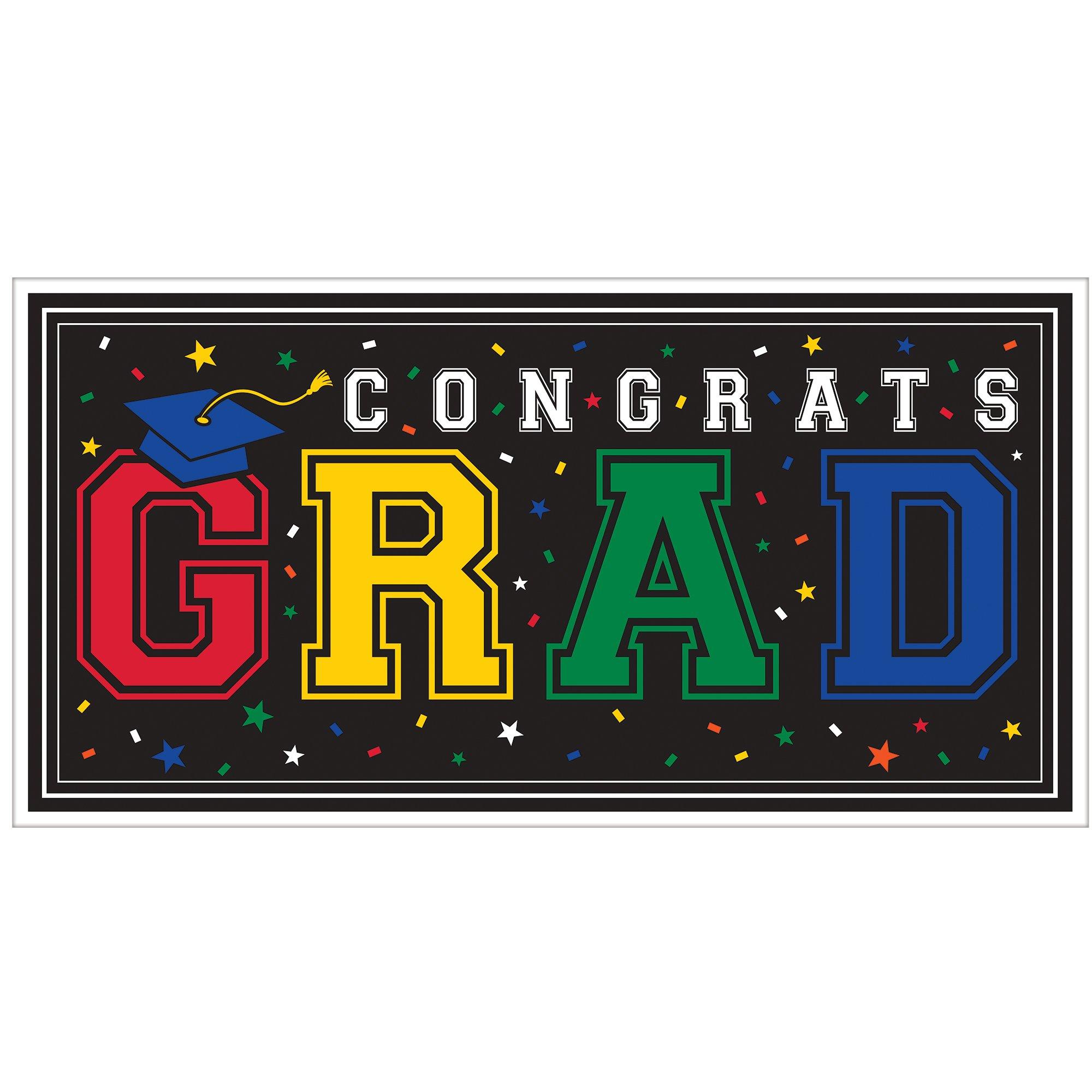 Multicolor Congrats Grad Plastic Banner. 65in x 33.5in
