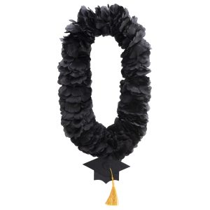 Black & Gold Grad Cap Fabric Flower Lei. 20in
