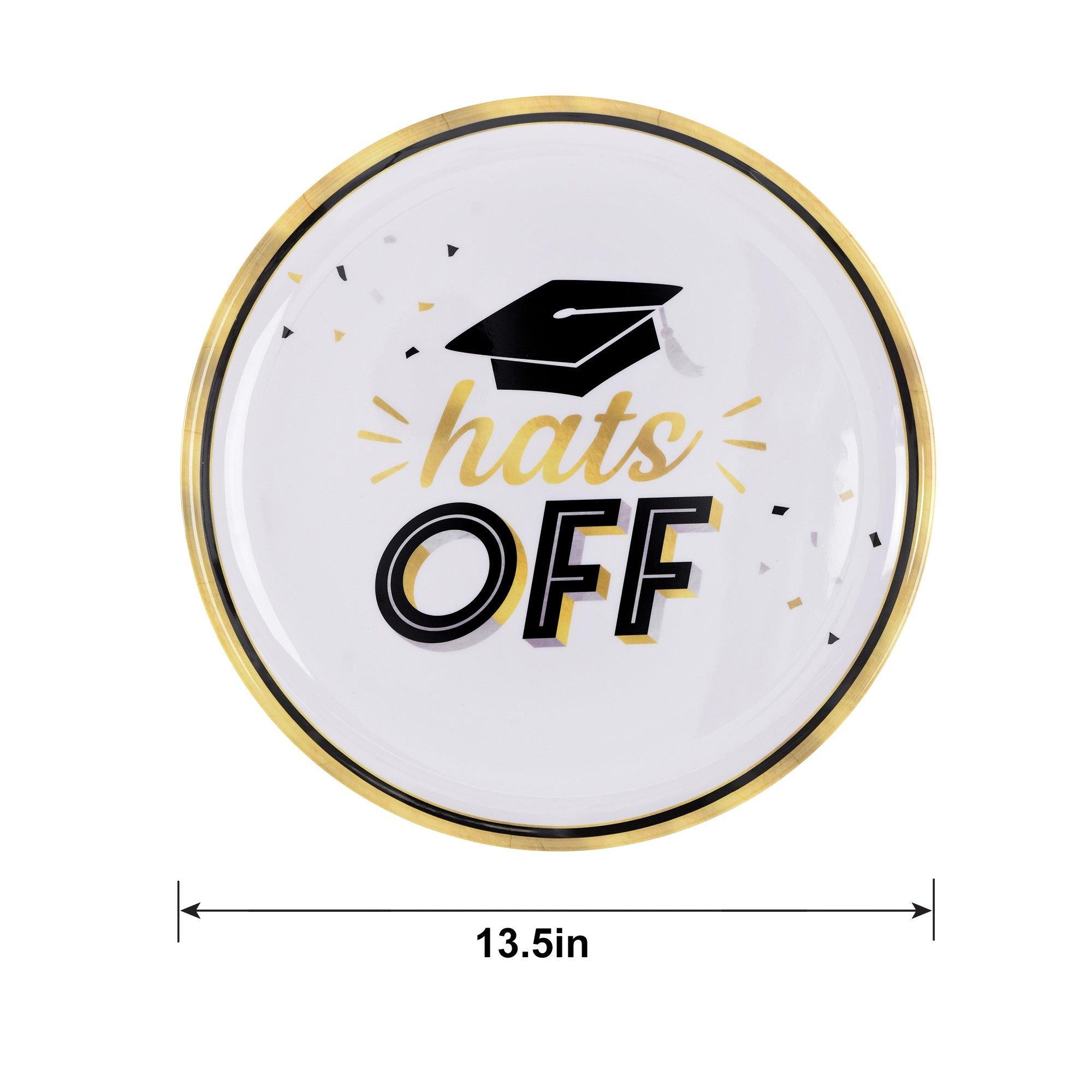 Black & Gold Hats Off Graduation Melamine Round Platter. 13.5in - Image 2