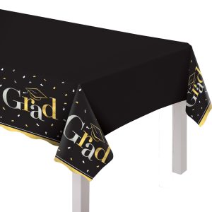 Black. Silver & Gold Grad Plastic Table Cover. 54in x 102in - Class Dismissed