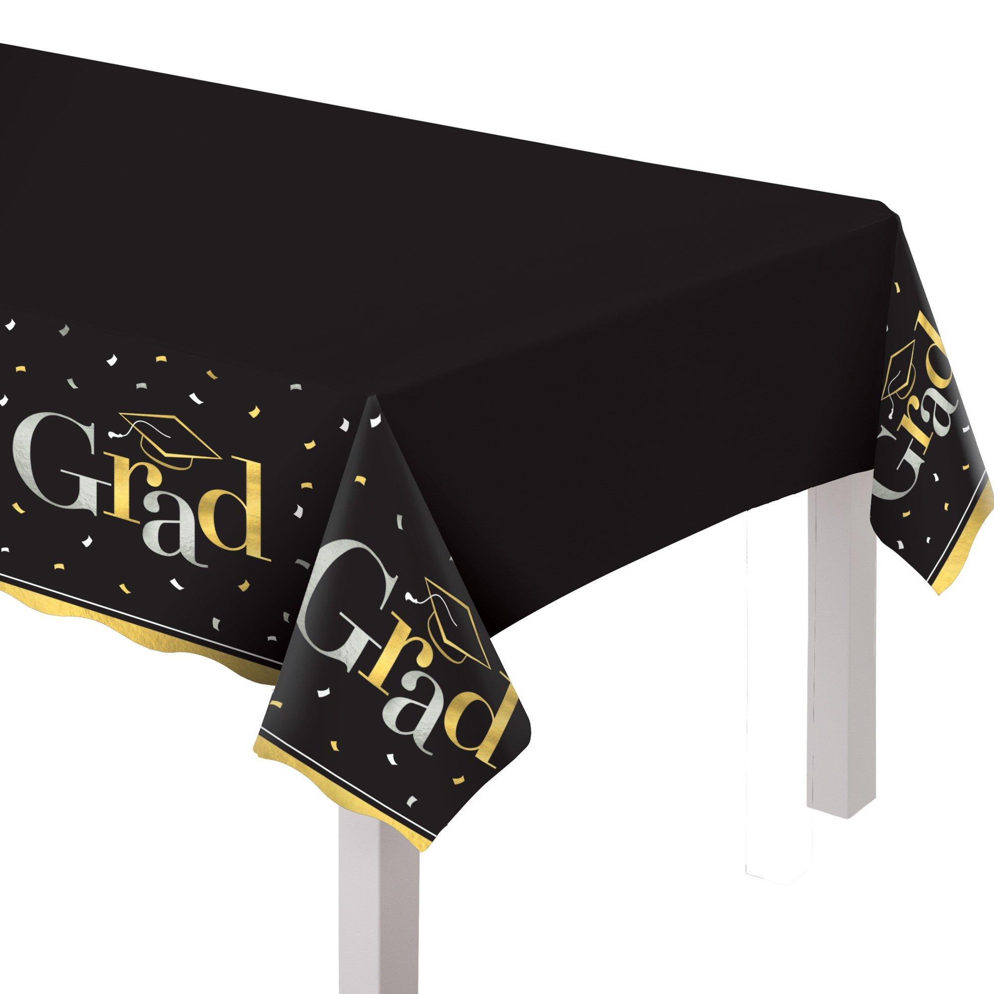 Black. Silver & Gold Grad Plastic Table Cover. 54in x 102in - Class Dismissed
