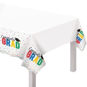 Multicolor Congrats Grad Plastic Table Cover. 54in x 102in - Colorful Future