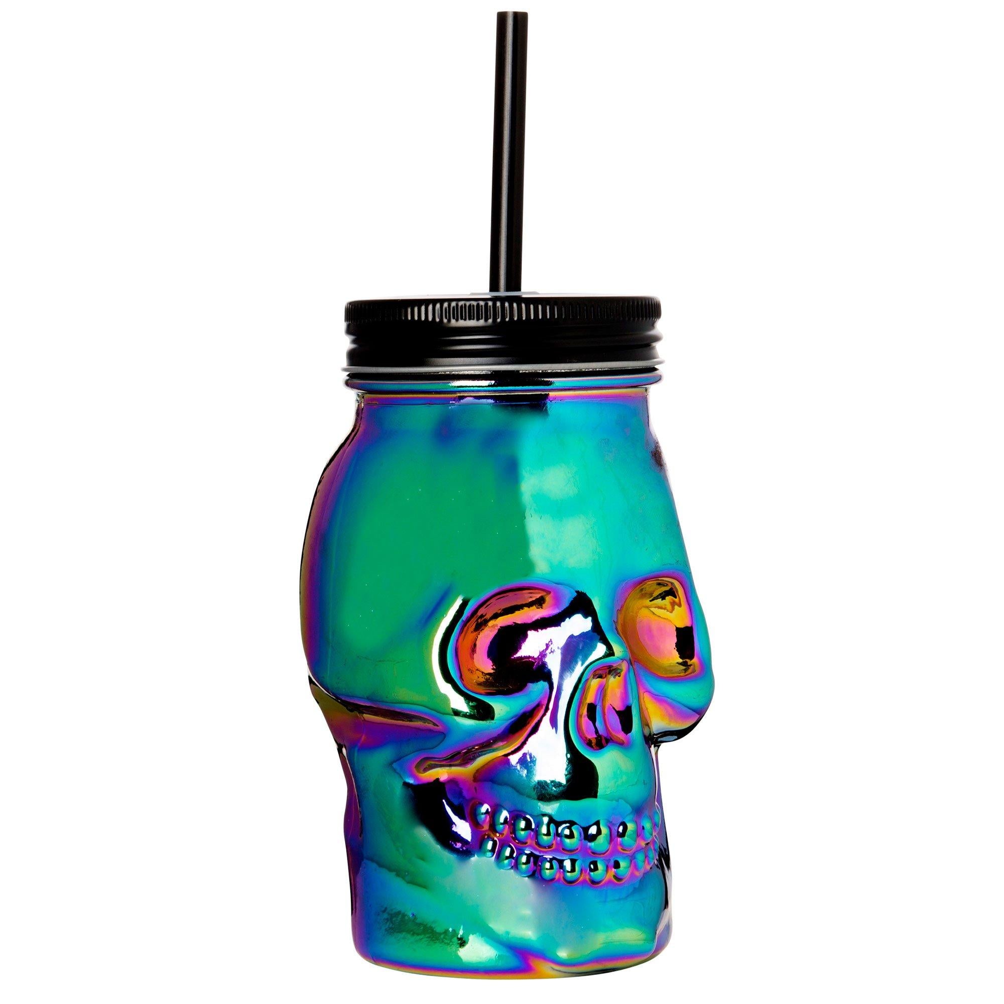 Iridescent Glass Skull Cup with Straw. 16.9oz