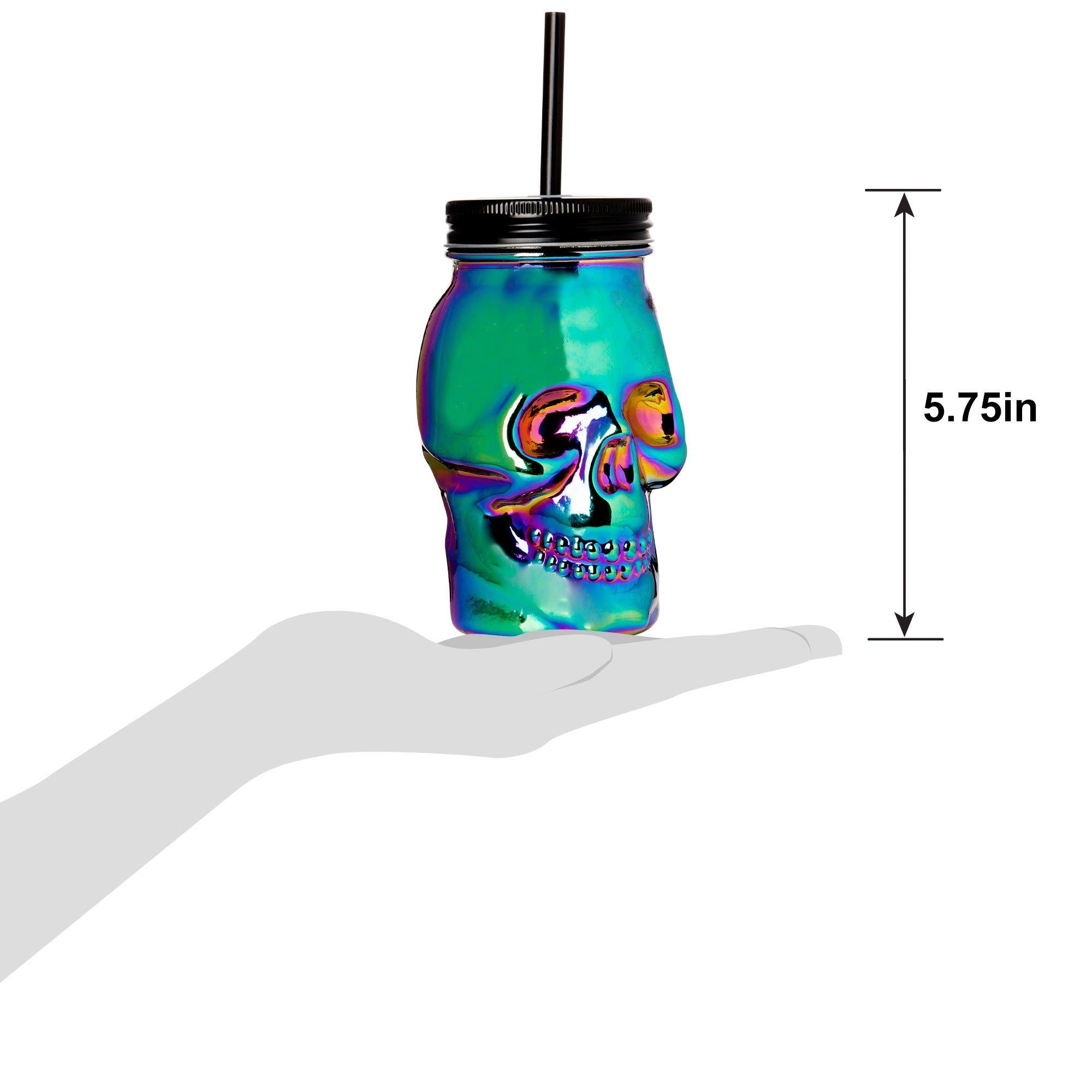 Iridescent Glass Skull Cup with Straw. 16.9oz - Image 5
