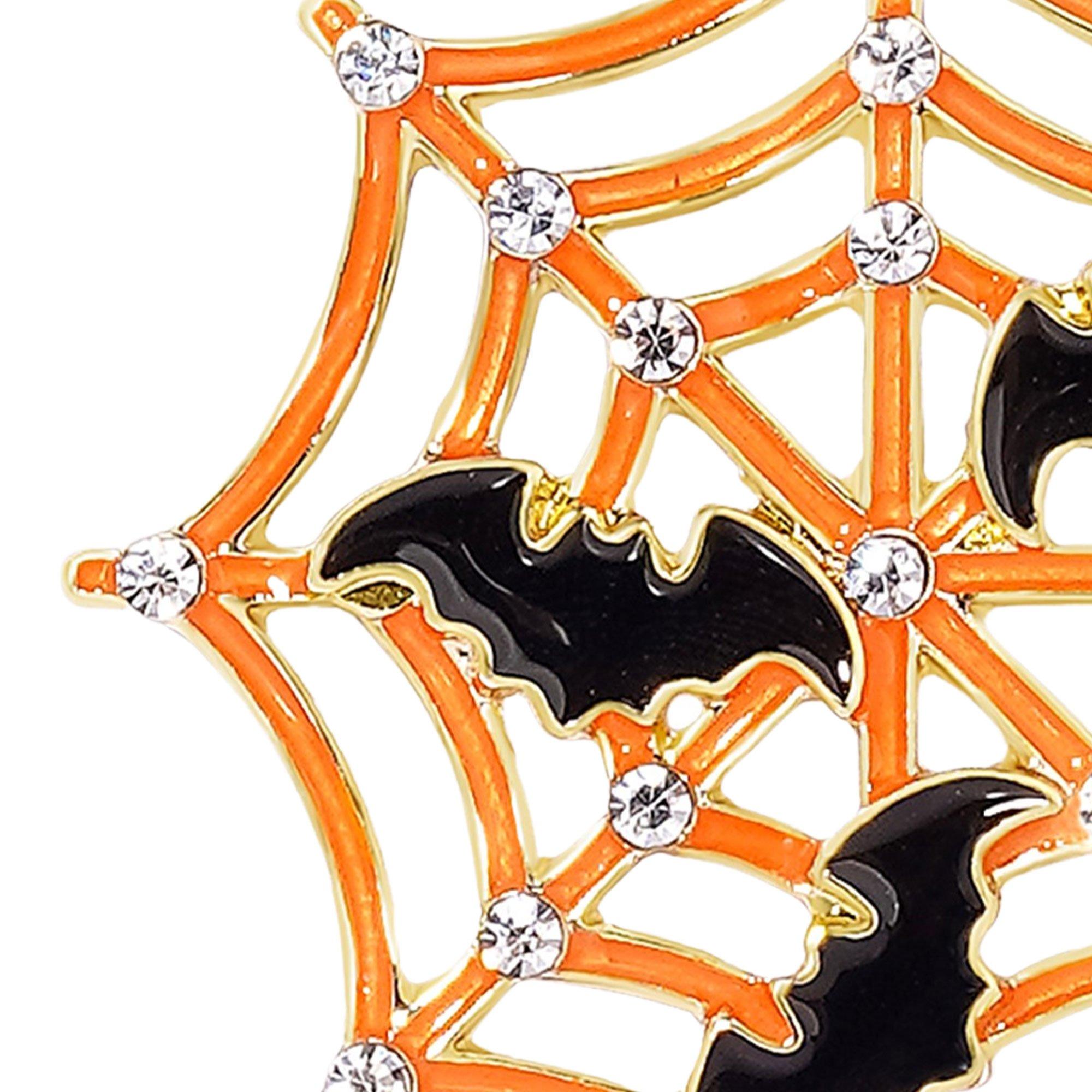 Glow-in-the-Dark Orange Spiderweb & Black Bat Earrings - Image 2