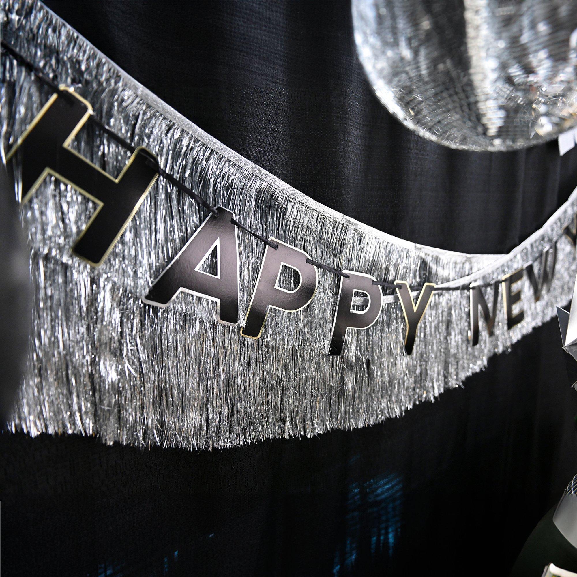 Black. Silver & Gold Happy New Year Cardstock & Tinsel Banner Set. 3pc - Image 4