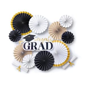 Gold & White Graduation Paper Fan Decorating Kit. 6pc