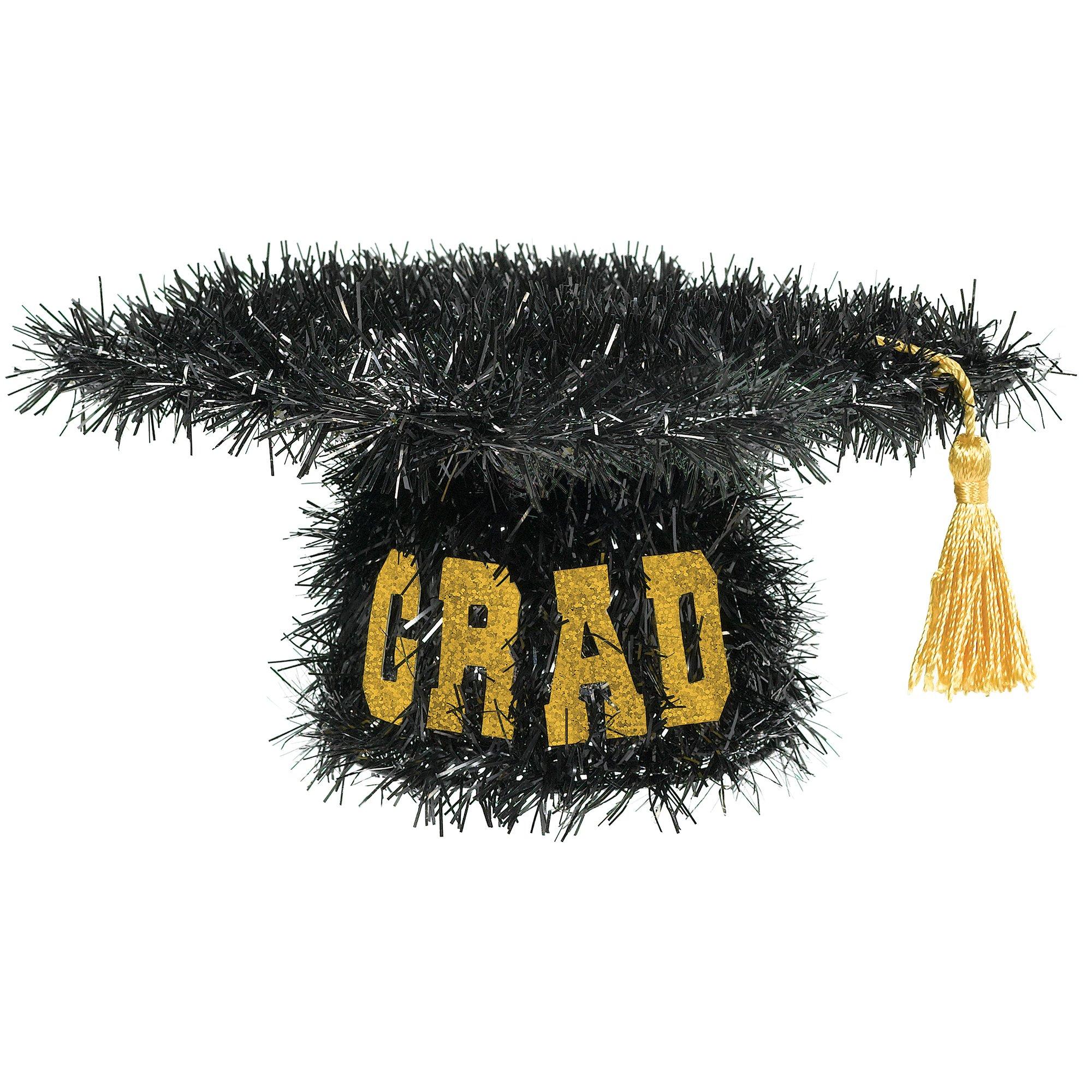 Black Tinsel Graduate Cap with Gold Tassel. 4.5in x 8.5in – GRAD Table Decoration