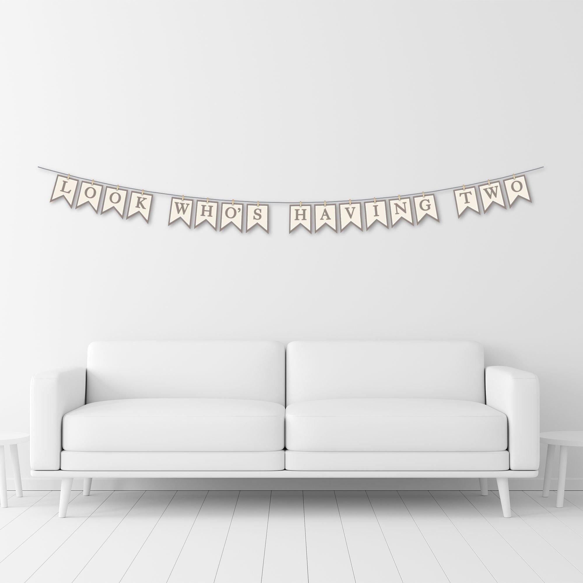 Look Who's Having Two Baby Shower Cardstock Pennant Banner. 12ft - Image 3