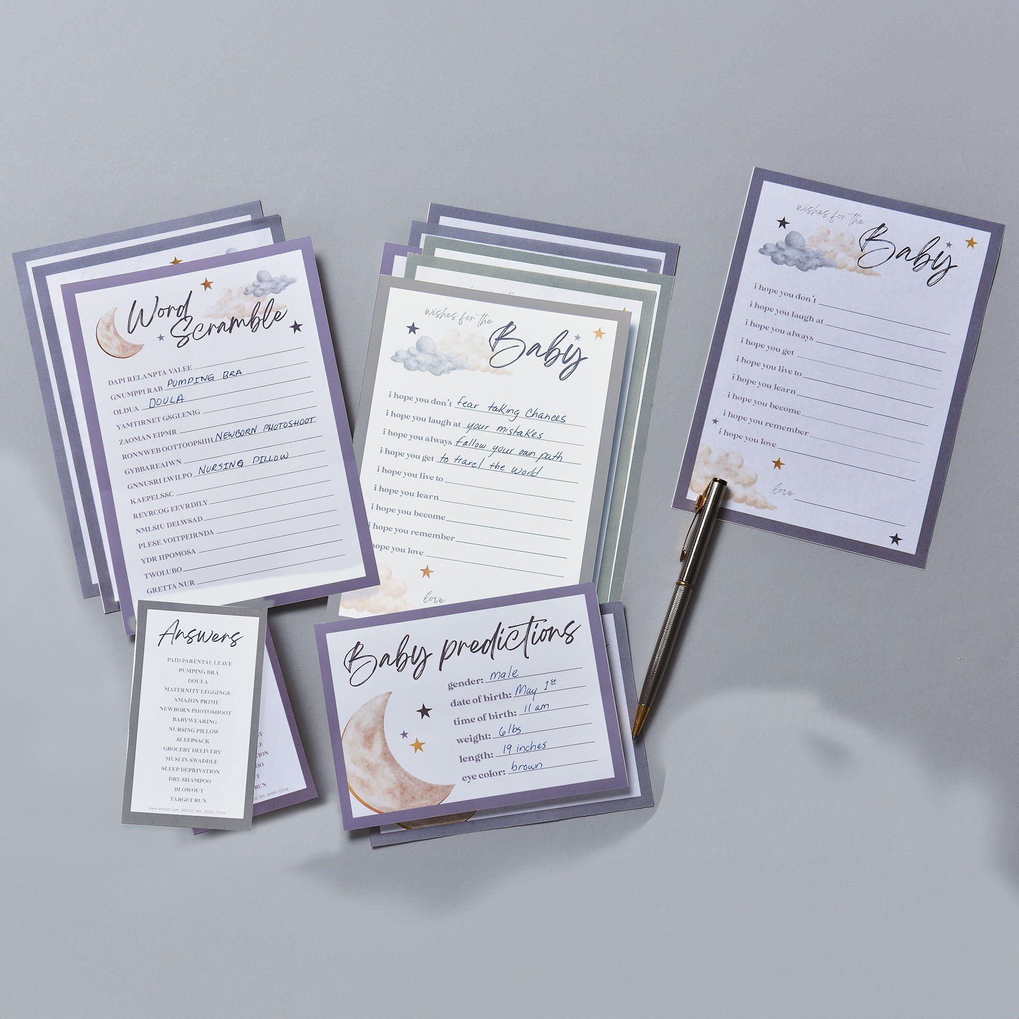 Over the Moon Baby Shower Games for 25 Guests. 75 Sheets. 3 Games - Baby Predictions. Wishes for Baby & Word Scramble - Image 2