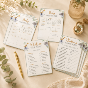 Soft Jungle Baby Shower Games for 25 Guests. 75 Sheets. 3 Games - Baby Predictions. What's on Your Phone & Who Knows Mommy Best