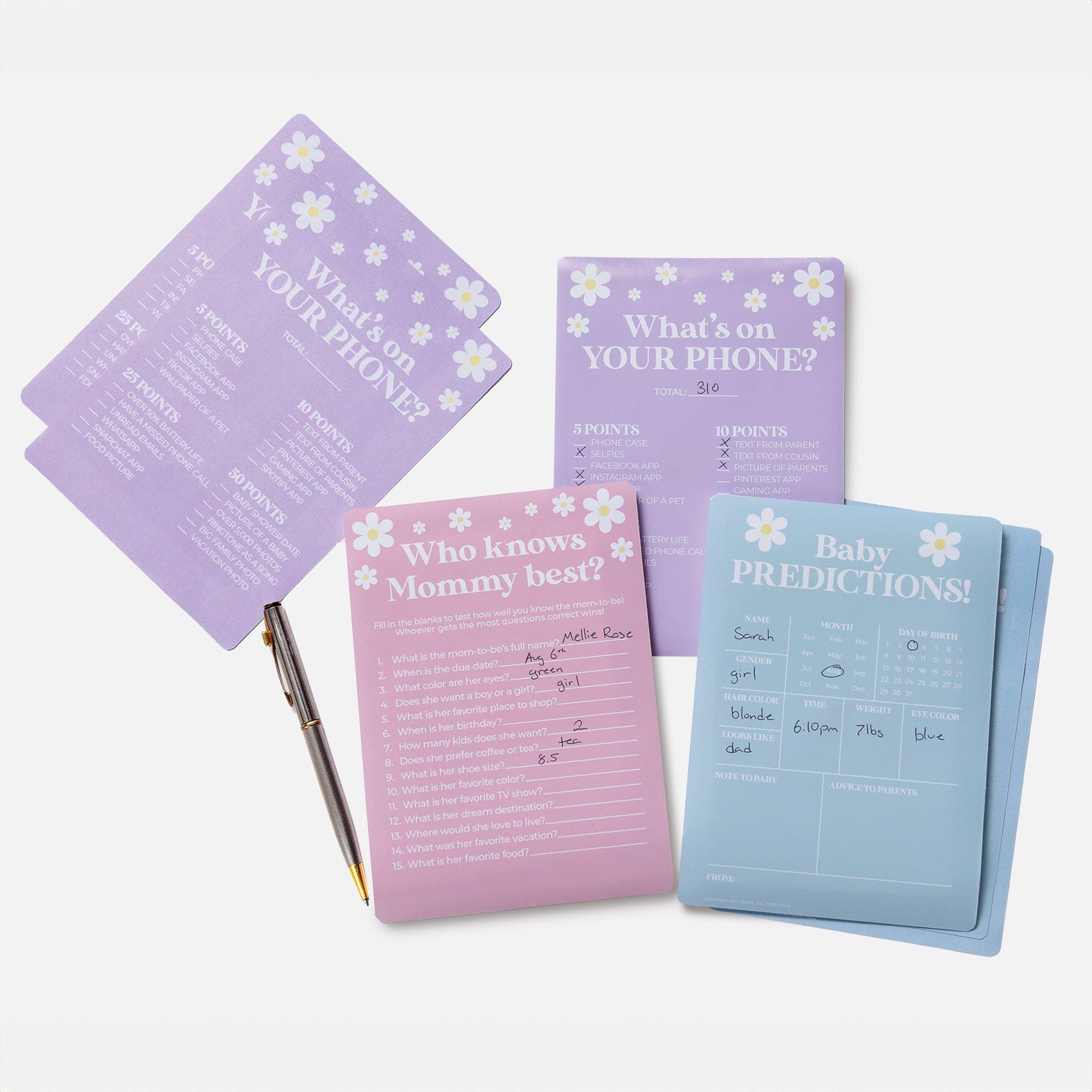 Little Daisy Baby Shower Games for 25 Guests. 75 Sheets. 3 Games - Baby Predictions. What's on Your Phone & Who Knows Mommy Best - Image 2