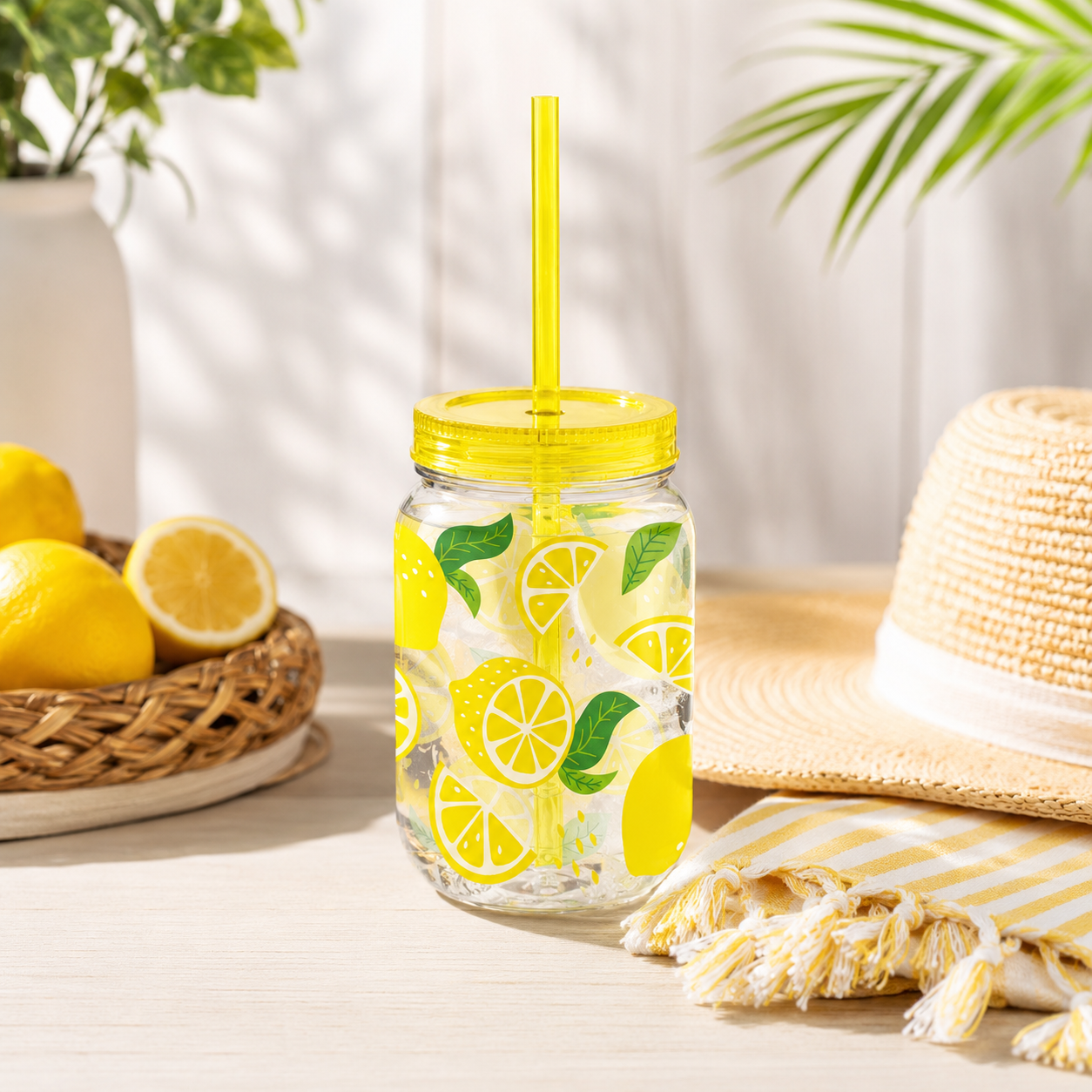 Summer Lemon Plastic Mason Jar Cup with Straw. 16oz