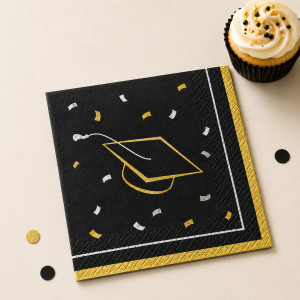 Black. Silver & Gold Grad Cap & Confetti Paper Beverage Napkins. 5in. 40ct - Class Dismissed