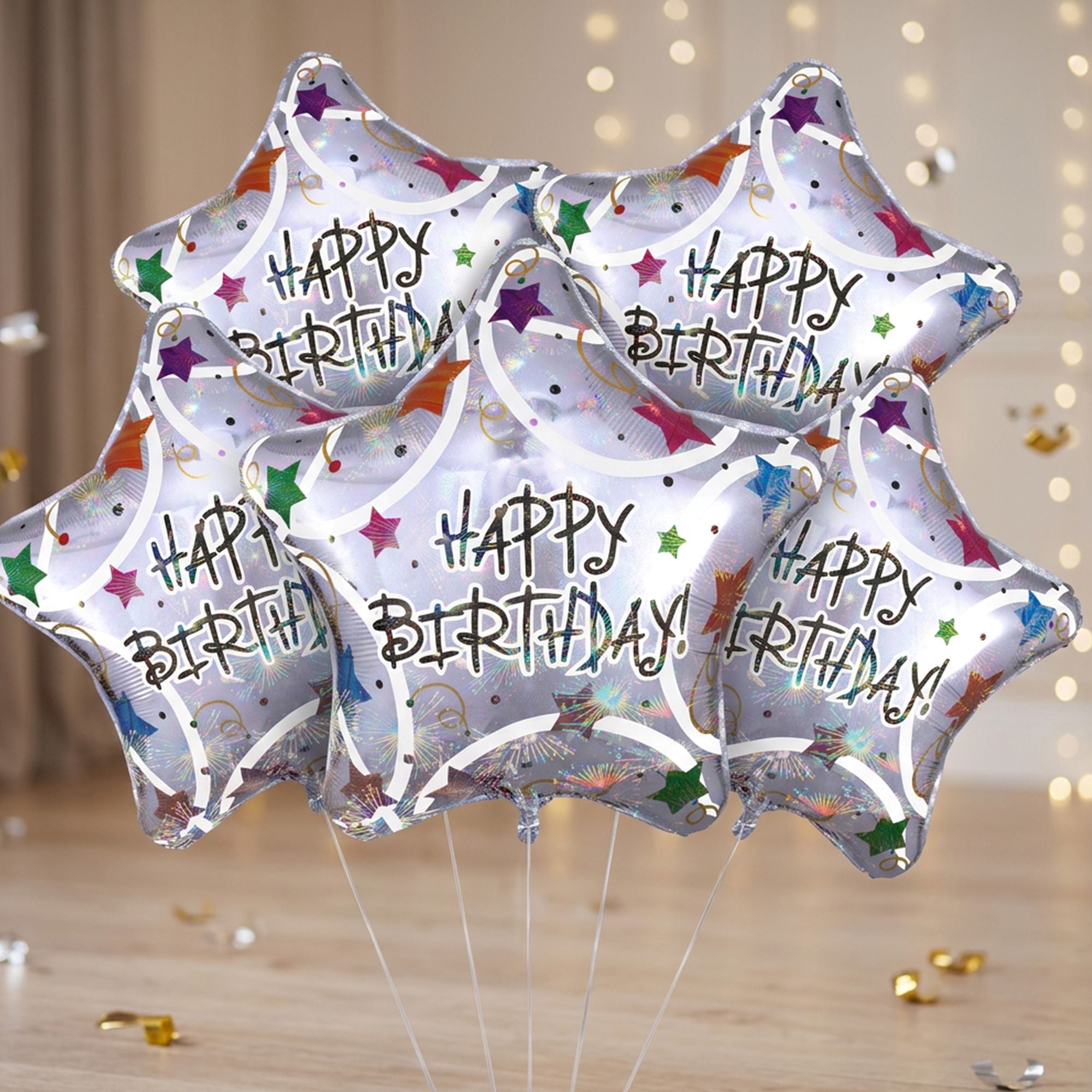 Holographic Star Happy Birthday Balloon Bouquet. 5pc