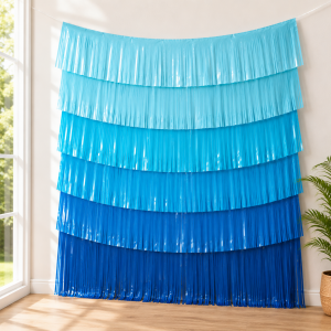 Blue Plastic Fringe Banner Backdrop. 5ft x 7.3ft - Pool Party