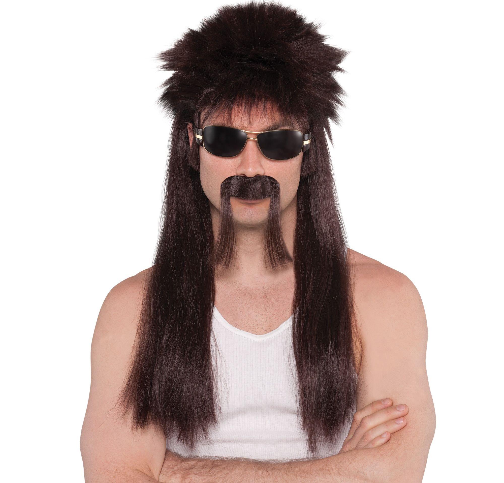 Mullet Wig & Mustache. Assorted Colors