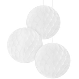 White Honeycomb Hanging Decorations. 12in. 3pc. Sizes 10in and 12in. Assorted Colors
