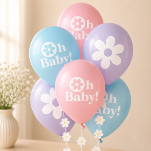 Little Daisy Baby Shower Latex Balloons. 12in. 6ct. with Balloon Tails