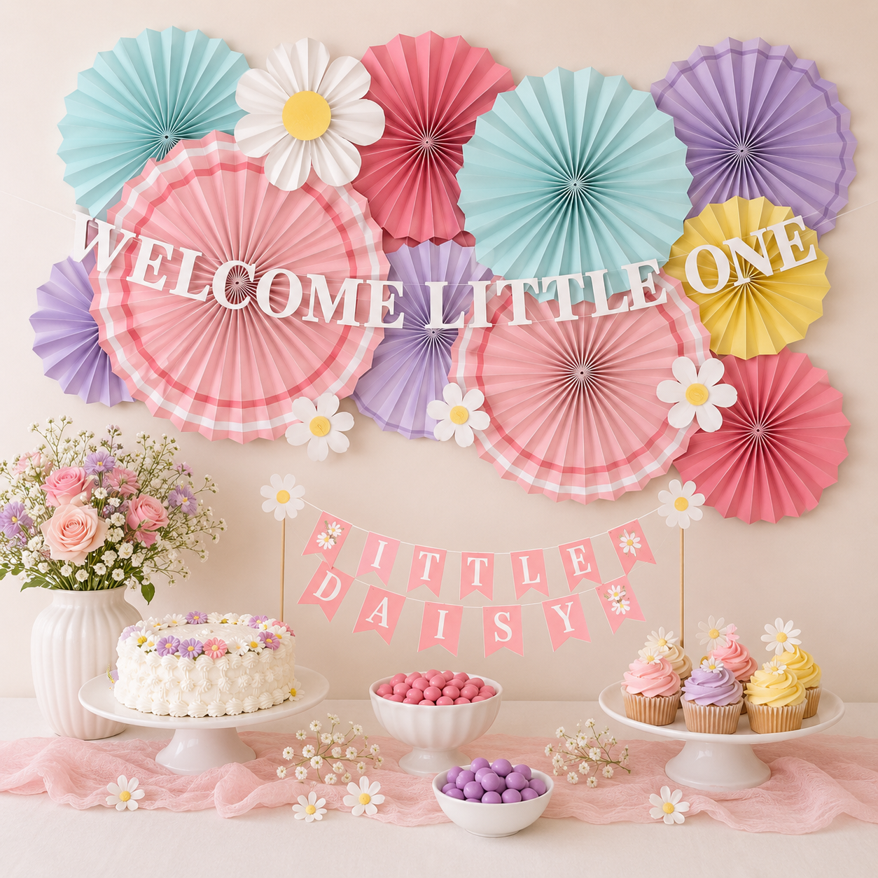 Little Daisy Welcome Little One Baby Shower Paper Fan Room Decorating Kit. 14pc