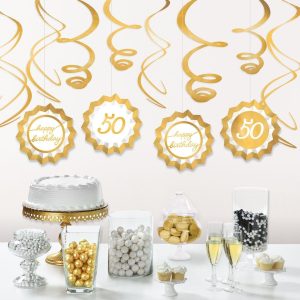 Metallic Golden Age Birthday Paper Fans & Swirl Decorations. 12pc. Ages