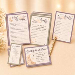 Over the Moon Baby Shower Games for 25 Guests. 75 Sheets. 3 Games - Baby Predictions. Wishes for Baby & Word Scramble