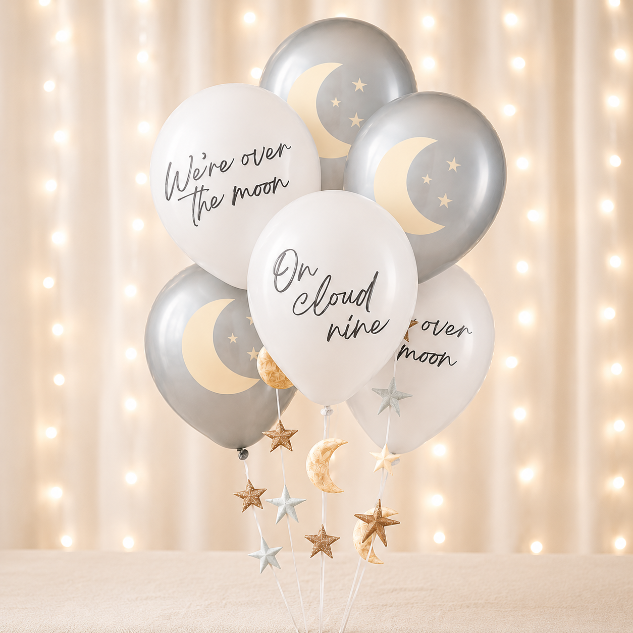 Over the Moon Baby Shower Latex Balloons. 12in. 6ct. with Balloon Tails