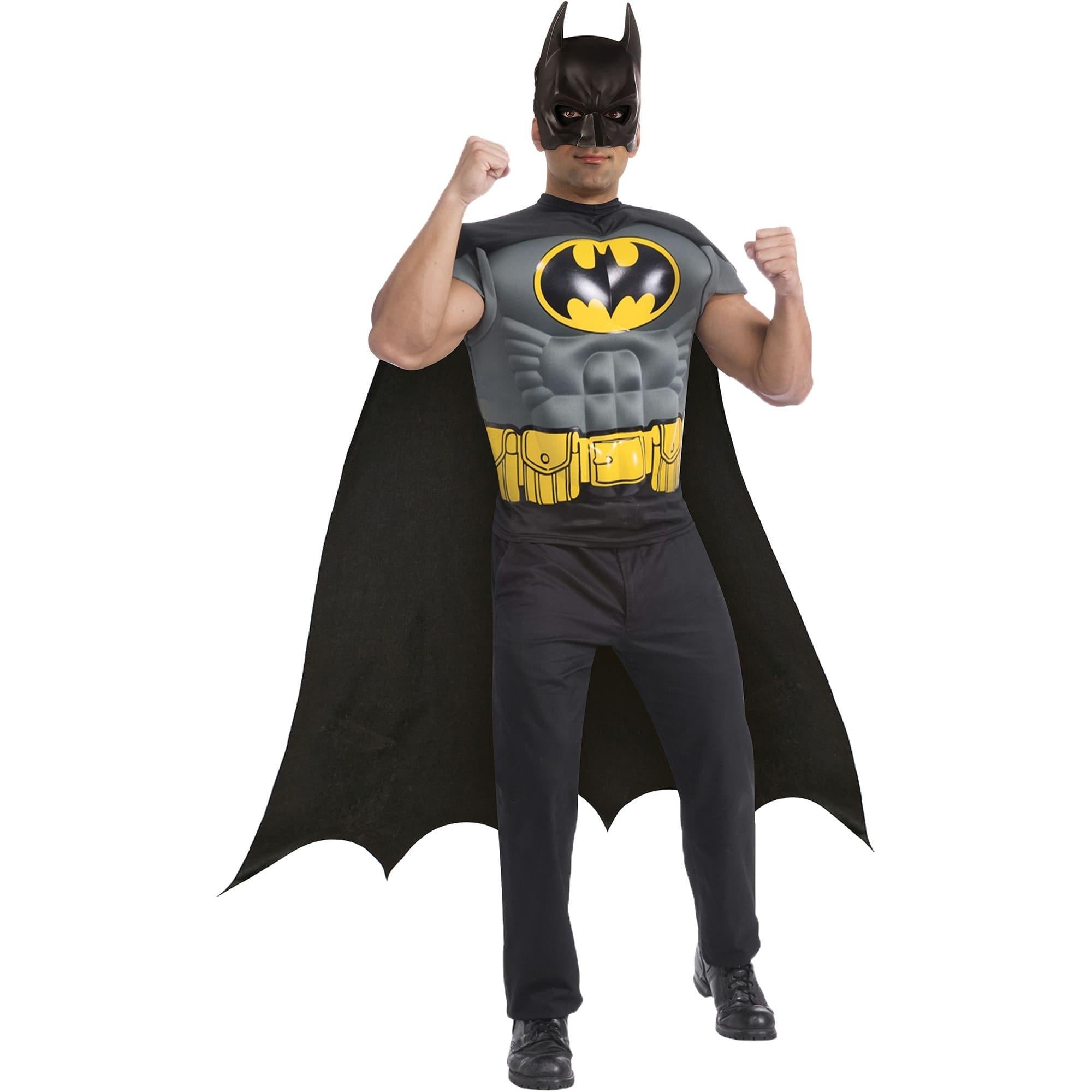 Men's DC Comics Batman Muscle Chest Costume Top. Cape and Mask Set