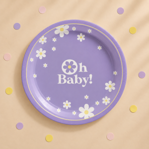 Purple Little Daisy Oh Baby Paper Dinner Plates. 10.5in. 8ct