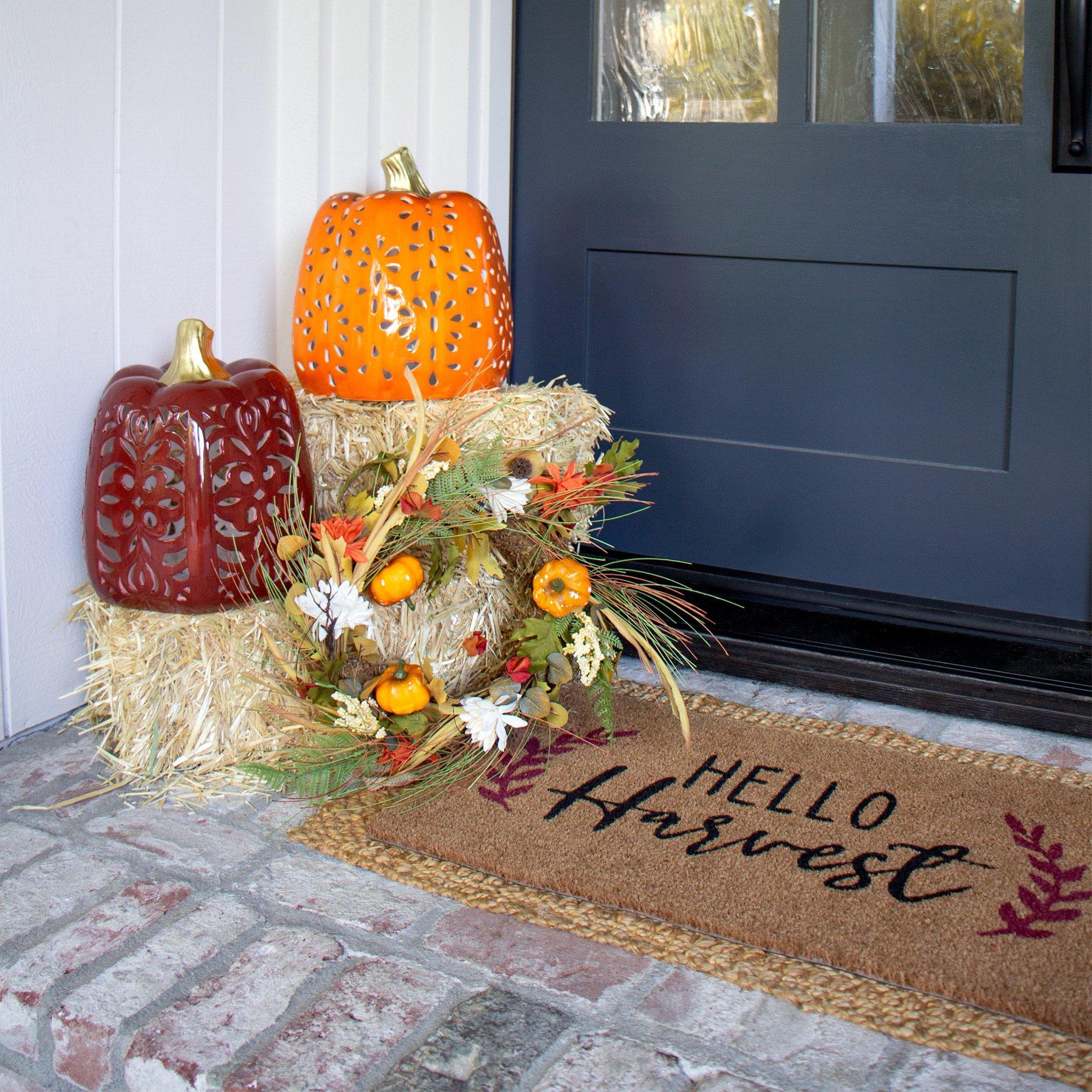 Natural Grass Fall Wreath with Foam Pumpkins & Mums. 18in - Image 3