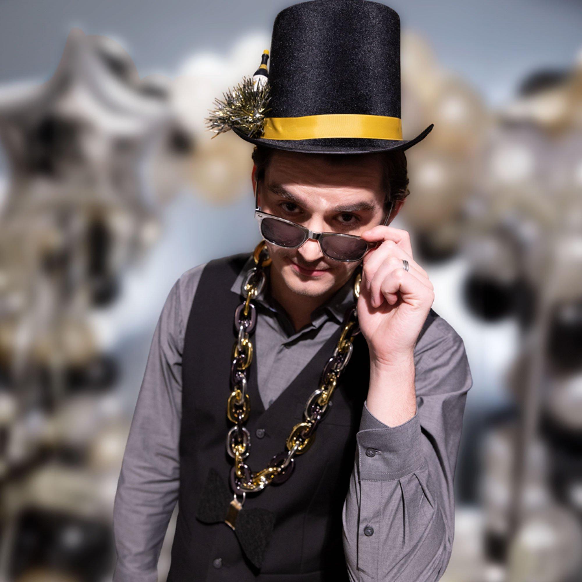 Black. Silver & Gold Champagne Bottle Fabric Top Hat - Image 2